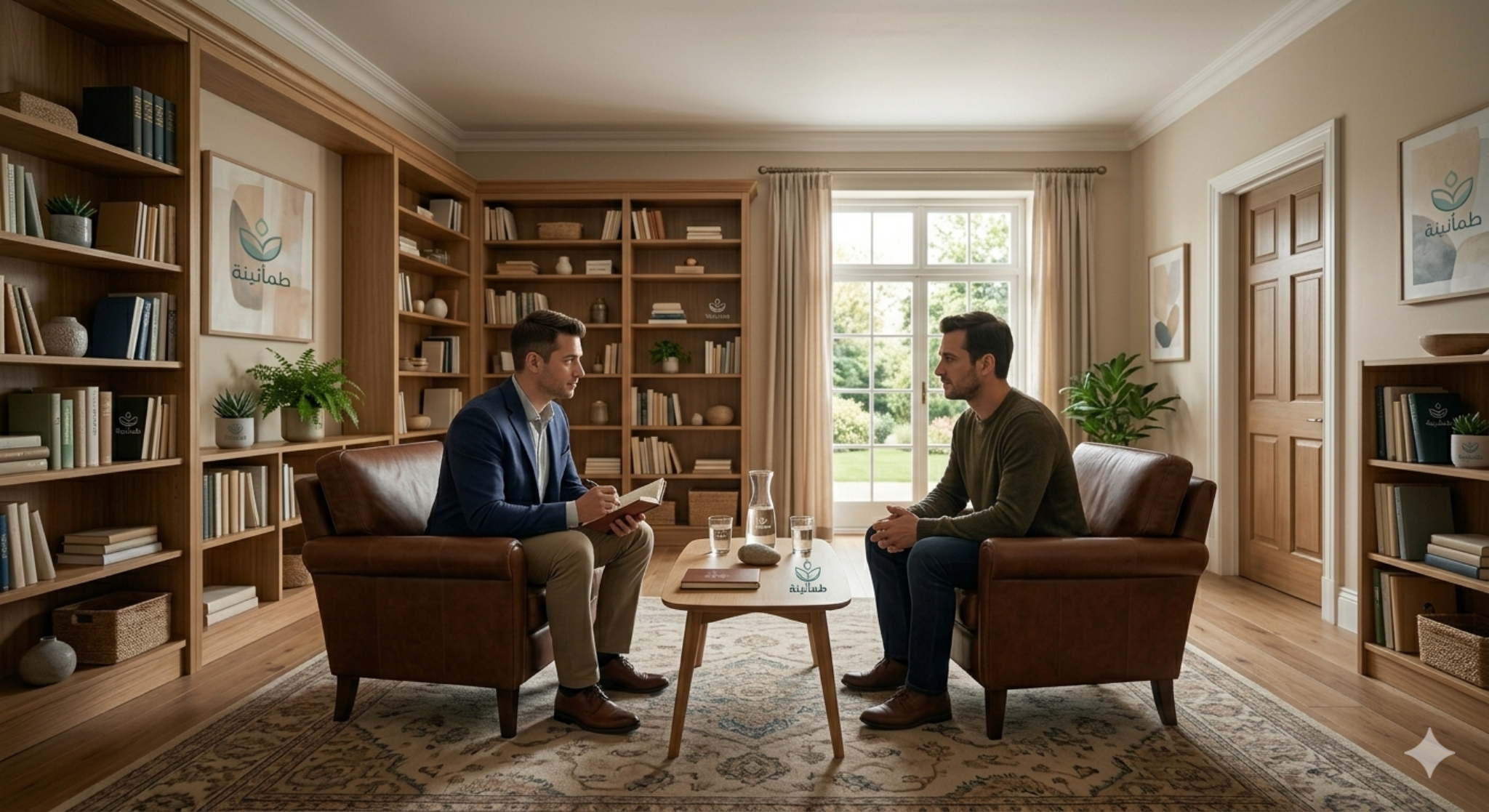 جلسة علاج نفسي هادئة تعكس هوية طمأنينة